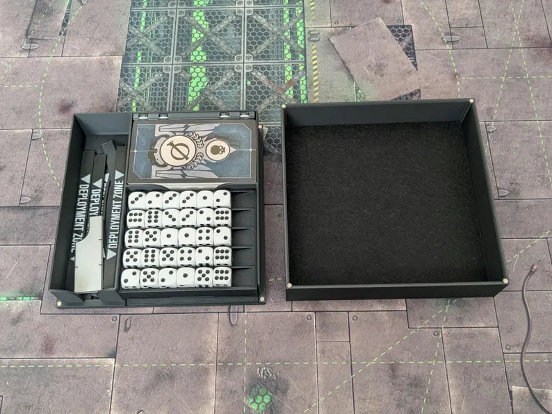 The Battle Box Organiser and Dice Tray - 12mm and 16mm Dice | Dice Tray, Card Holder, Accessories Storage | Celestial Miniatures