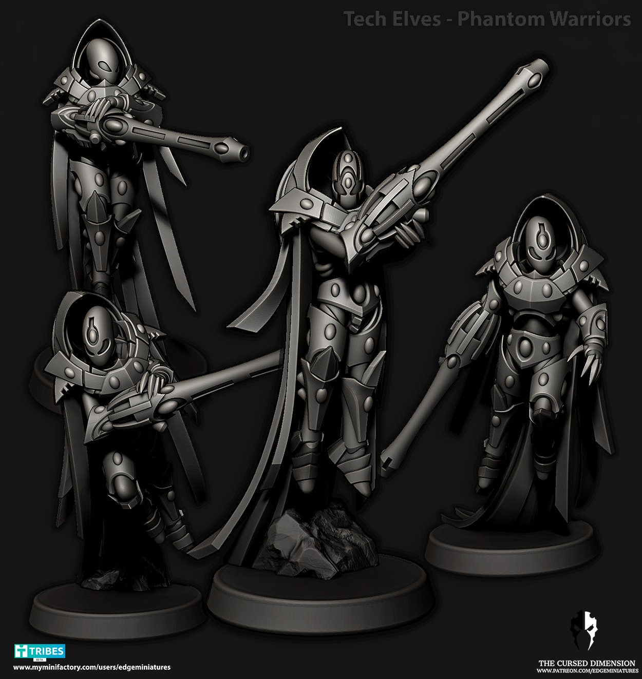 Phantom Warriors | Set of 4 Minis | Edge Miniatures - Tech Elves Elites | 12K Prints