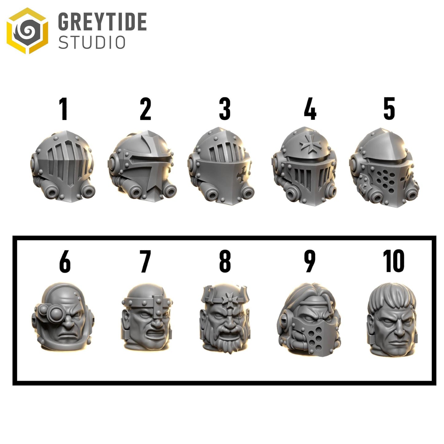Heads Set 2 | Set of 5 Pieces - Terminator Scale | GreyTide Studio - Eternal Crusaders BIG Armour | 12K Prints