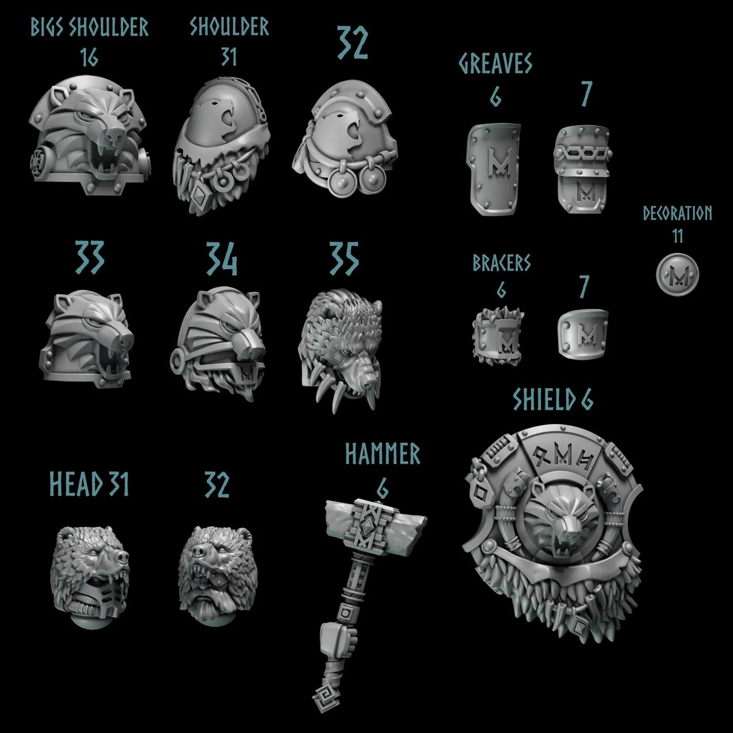 Shoulder Pads - Bear Company | Set of 12 Pieces | GreyTide Studio - Primal Hounds