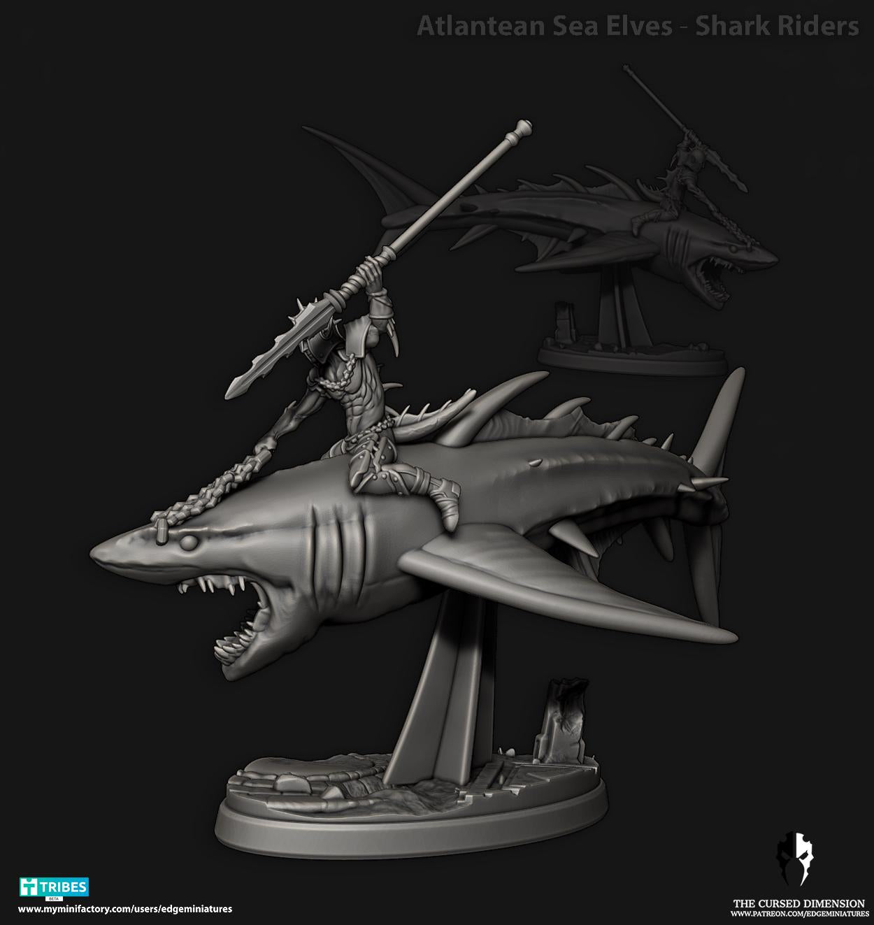 Shark Riders | Set of 3 Minis | Edge Miniatures - Atlantean Sea Elves | 12K Prints