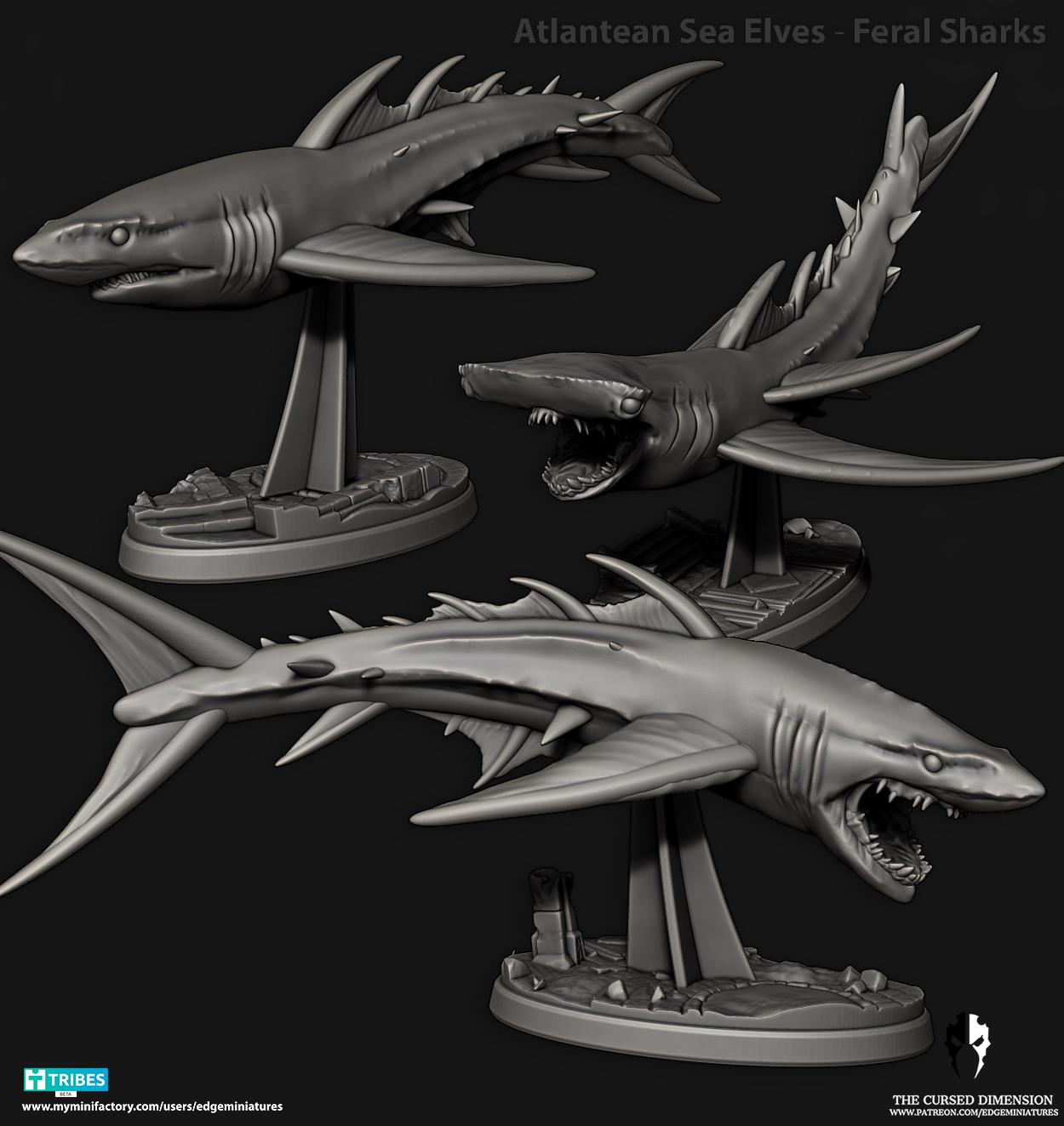 Shark Riders | Set of 3 Minis | Edge Miniatures - Atlantean Sea Elves | 12K Prints