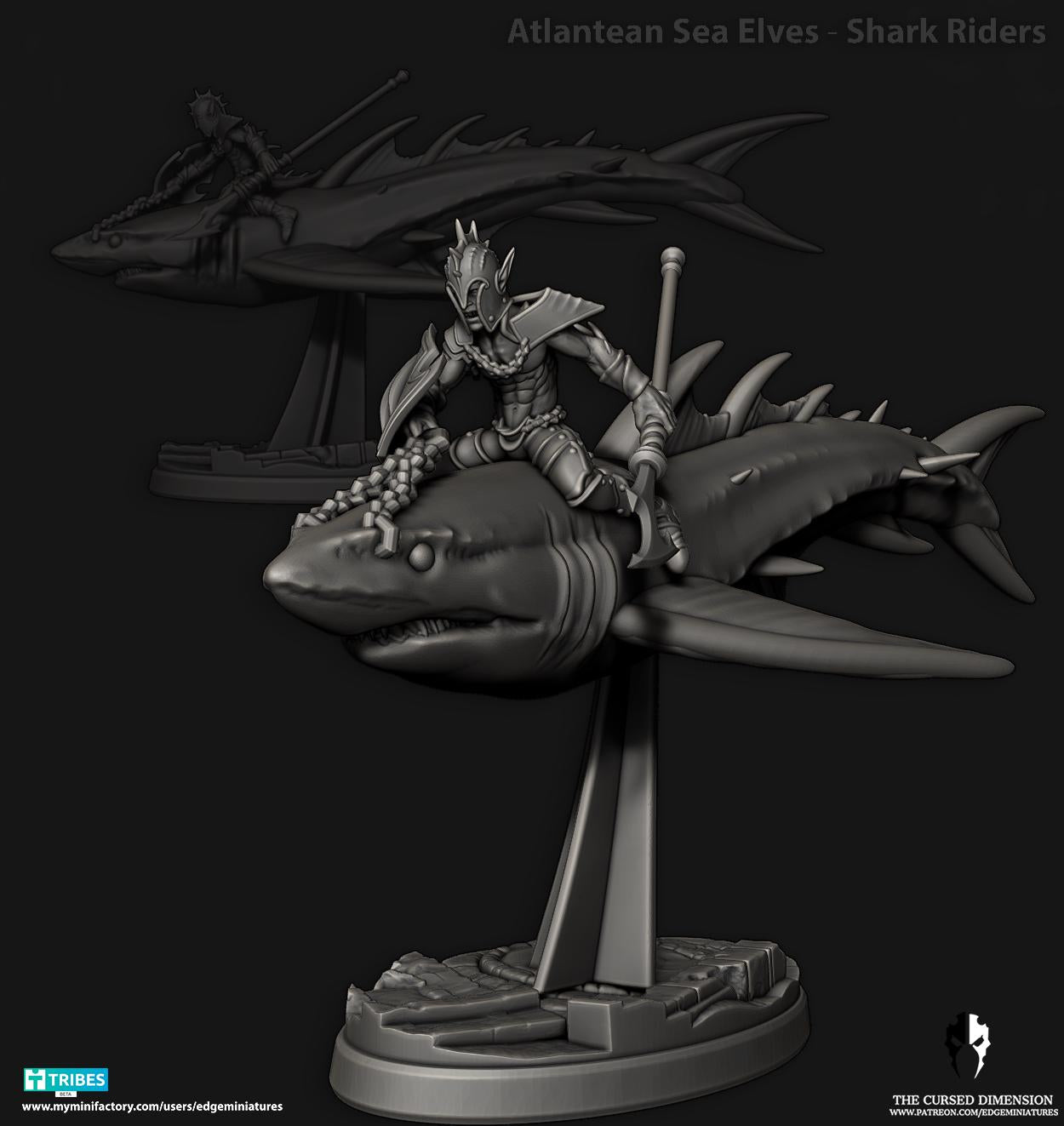 Shark Riders | Set of 3 Minis | Edge Miniatures - Atlantean Sea Elves | 12K Prints