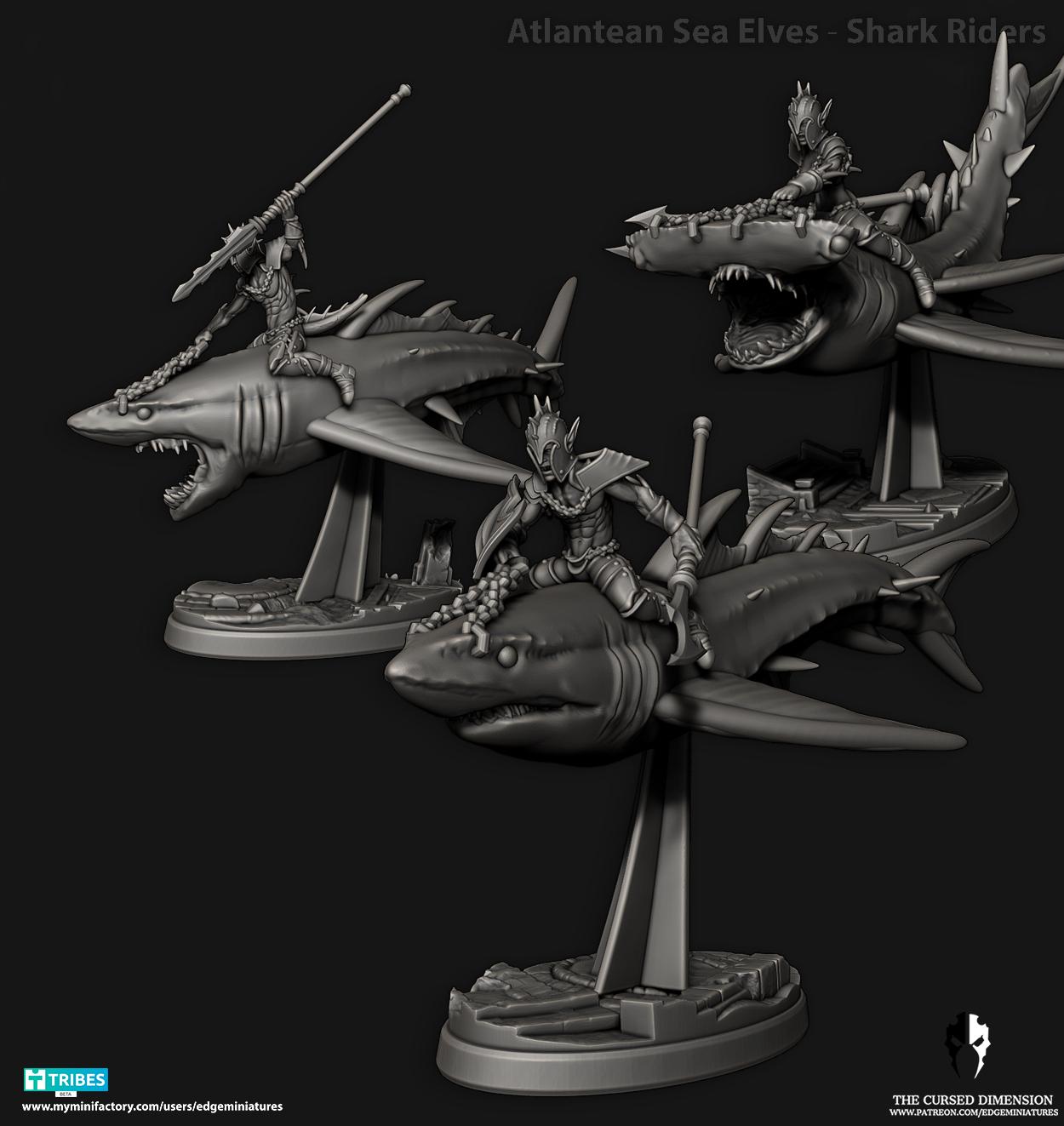 Shark Riders | Set of 3 Minis | Edge Miniatures - Atlantean Sea Elves | 12K Prints