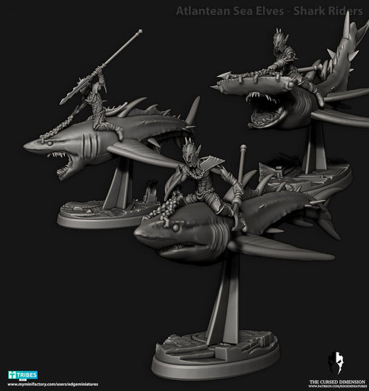 Shark Riders | Set of 3 Minis | Edge Miniatures - Atlantean Sea Elves | 12K Prints